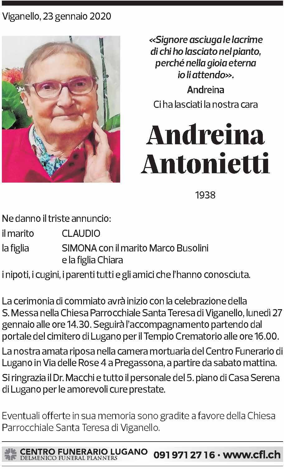 Annuncio funebre Andreina Antonietti