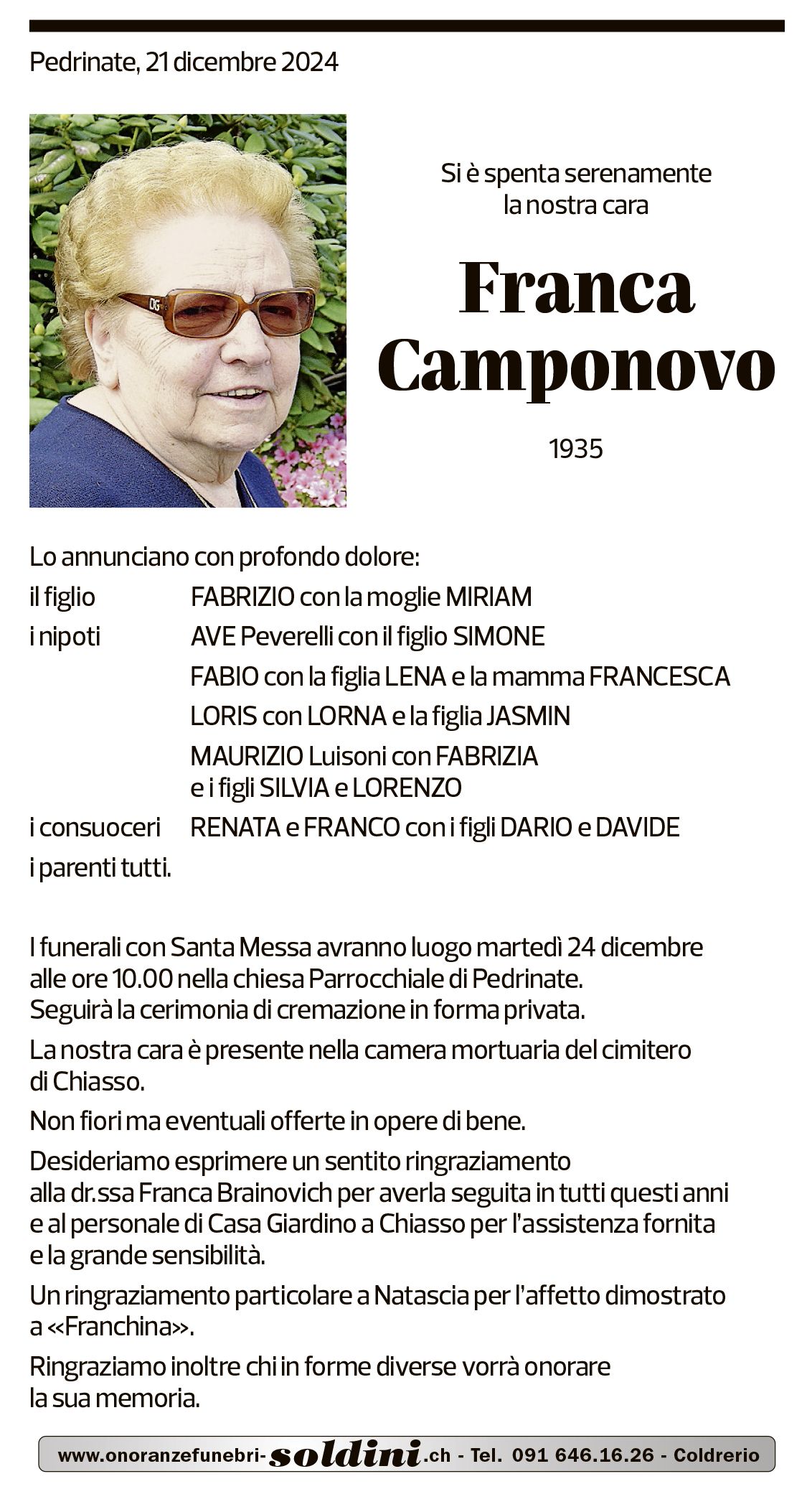 Annuncio funebre Franca Camponovo