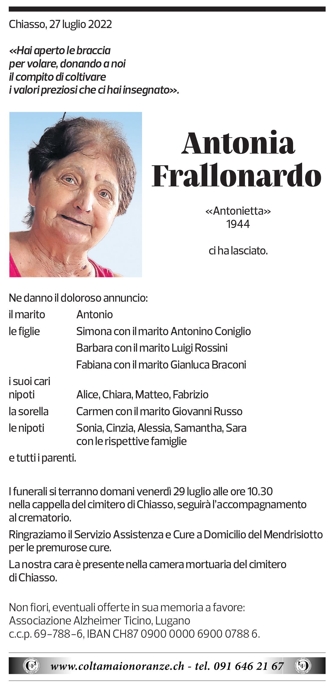 Annuncio funebre Antonia Frallonardo