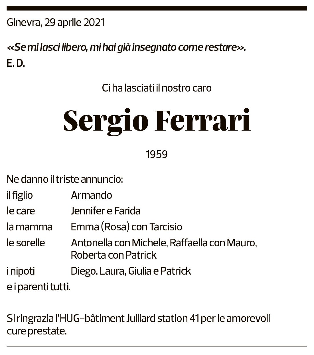 Annuncio funebre Sergio Ferrari