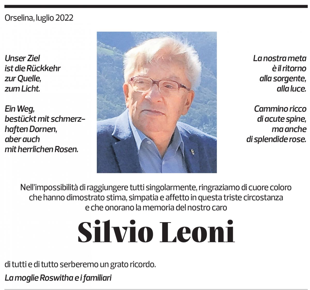 Annuncio funebre Silvio Leoni