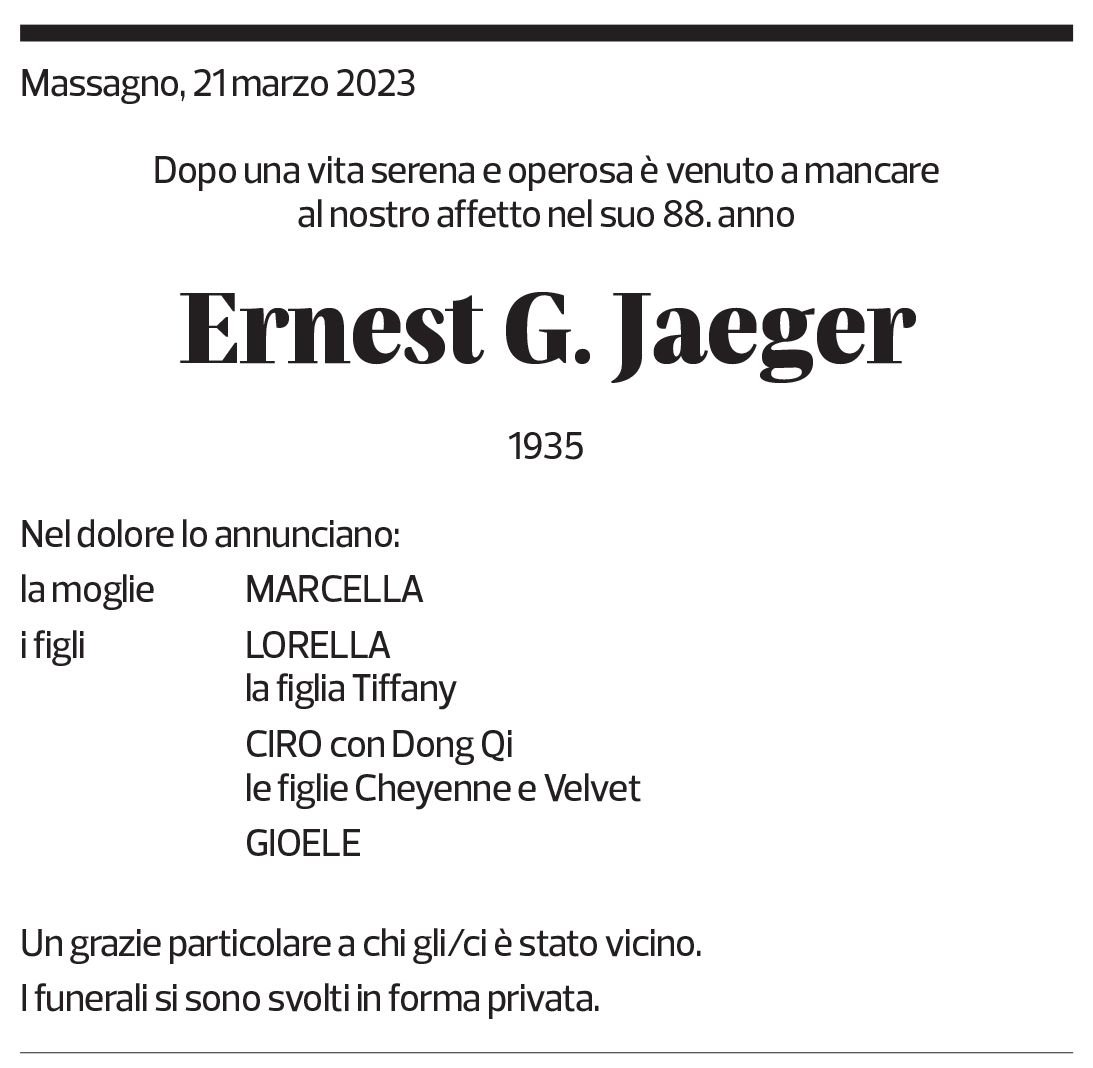 Annuncio funebre Ernest G. Jaeger