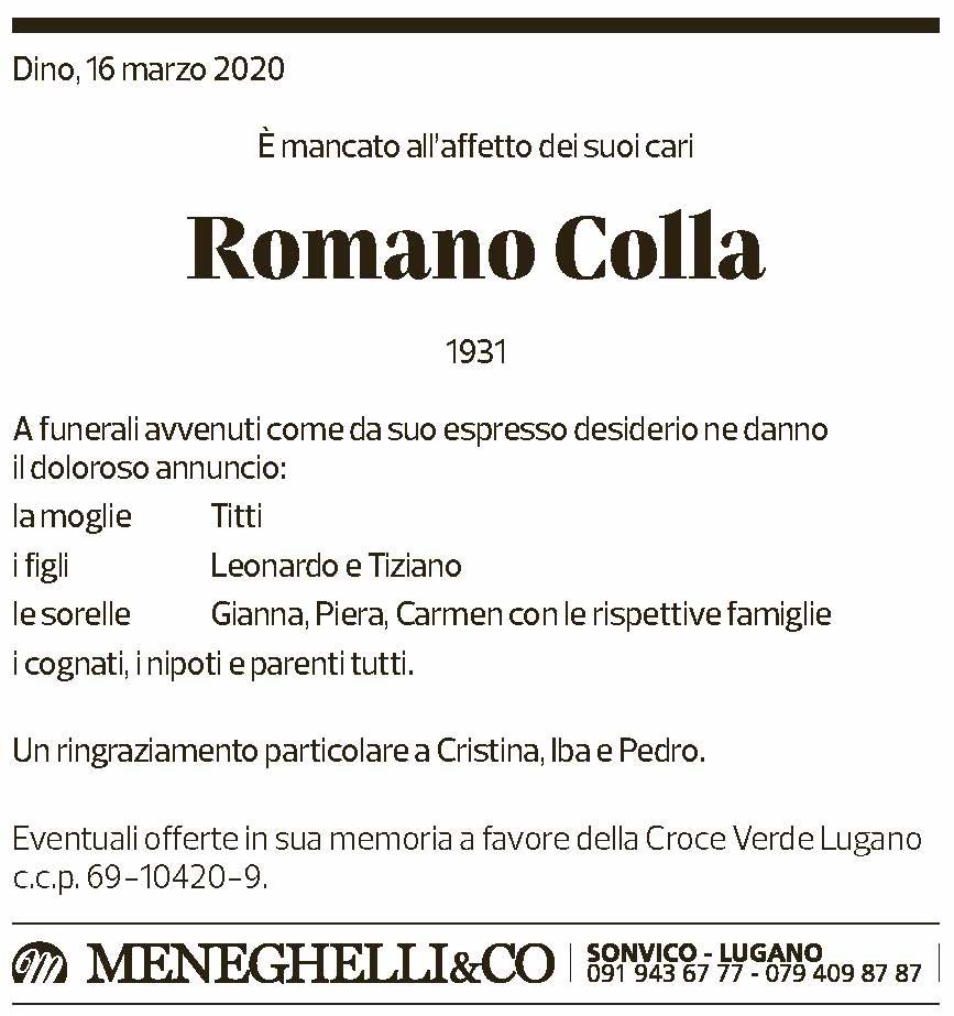 Annuncio funebre Romano Colla