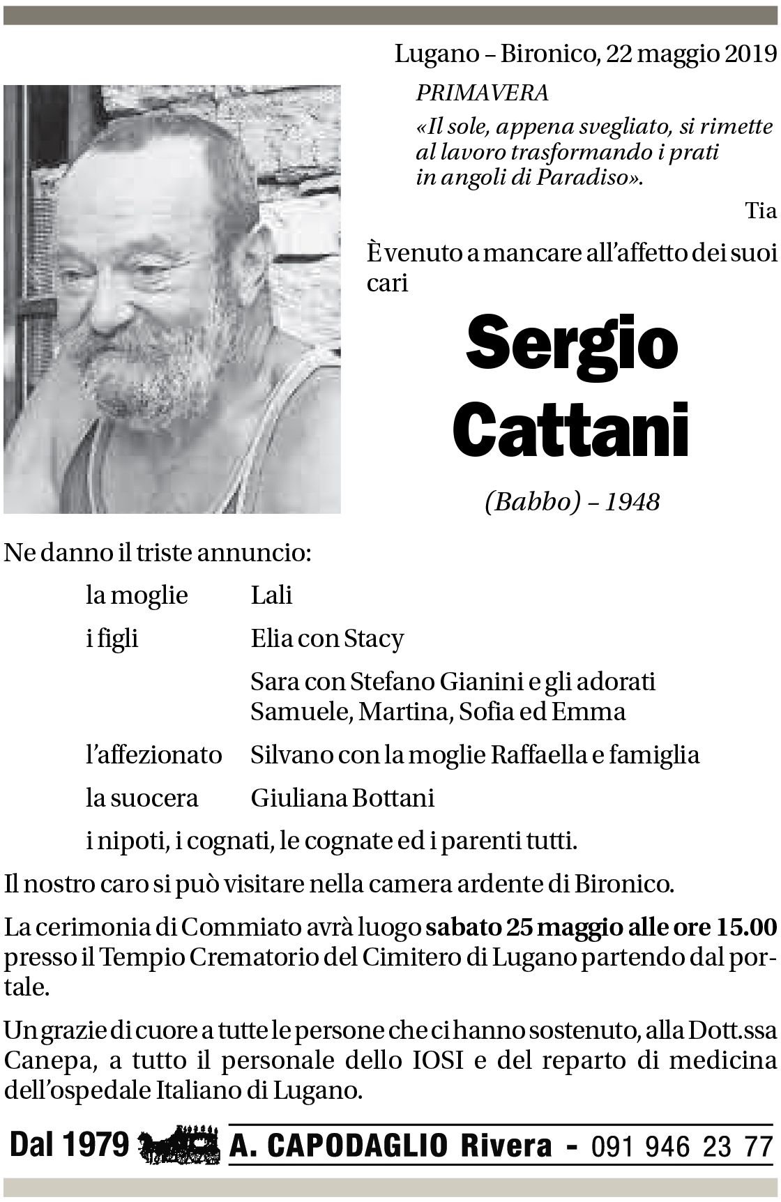 Annuncio funebre Sergio Cattani