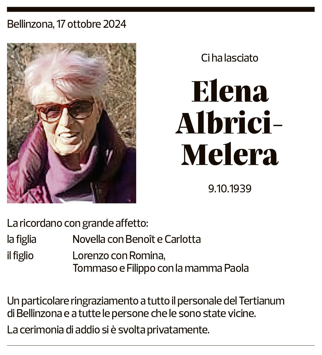 Annuncio funebre Elena Albrici-melera