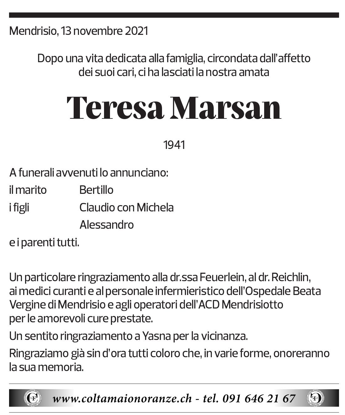 Annuncio funebre Teresa Marsan