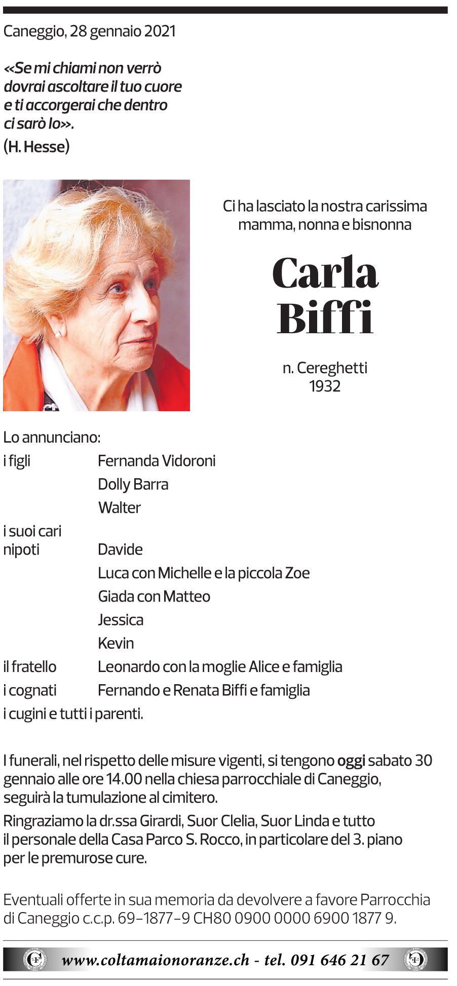 Annuncio funebre Carla Biffi