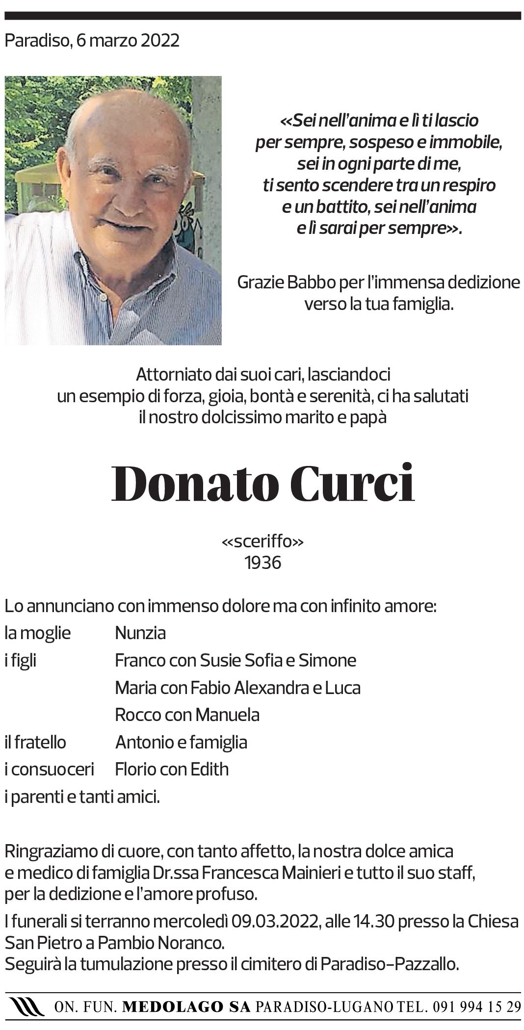 Annuncio funebre Donato Curci