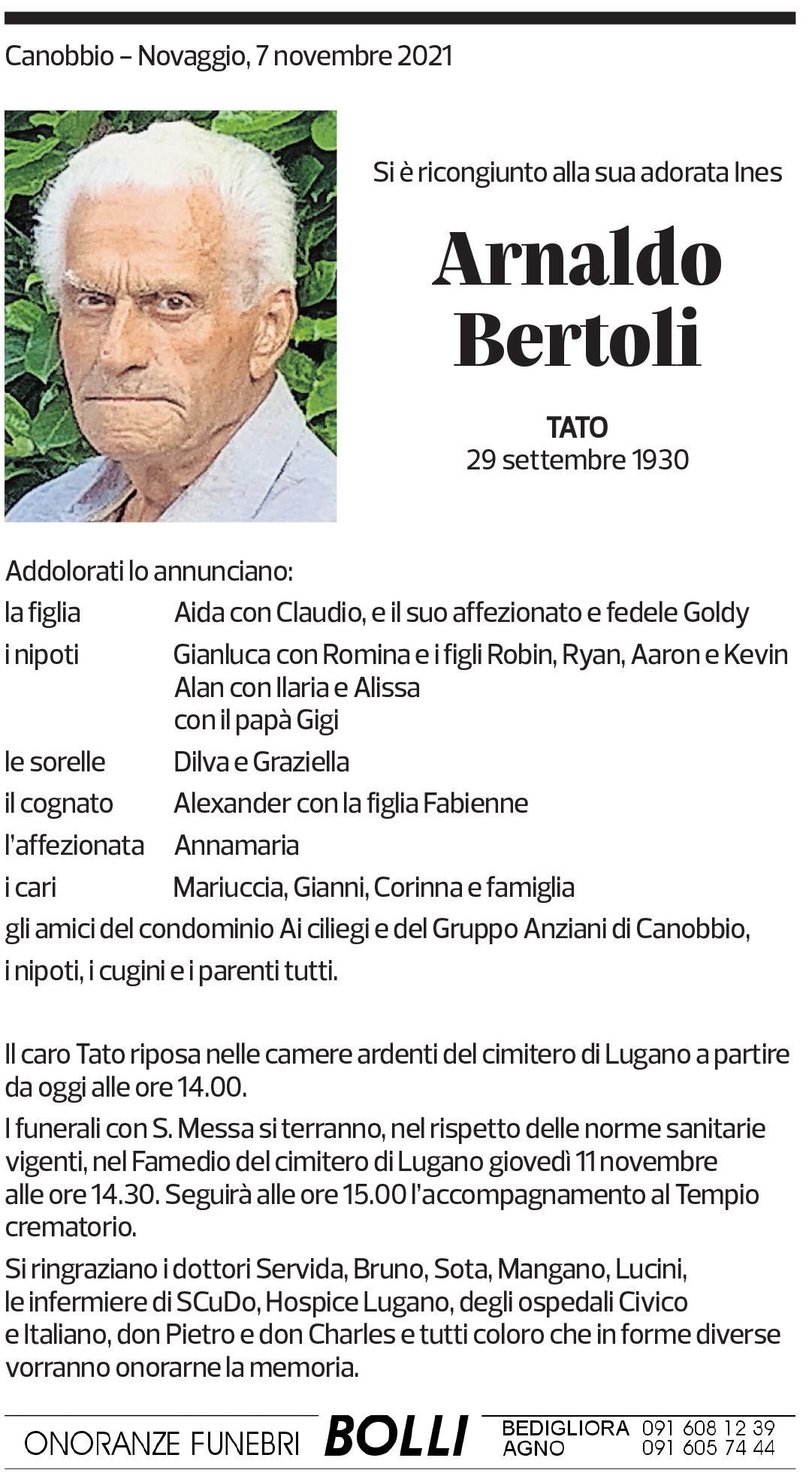 Annuncio funebre Arnaldo Bertoli