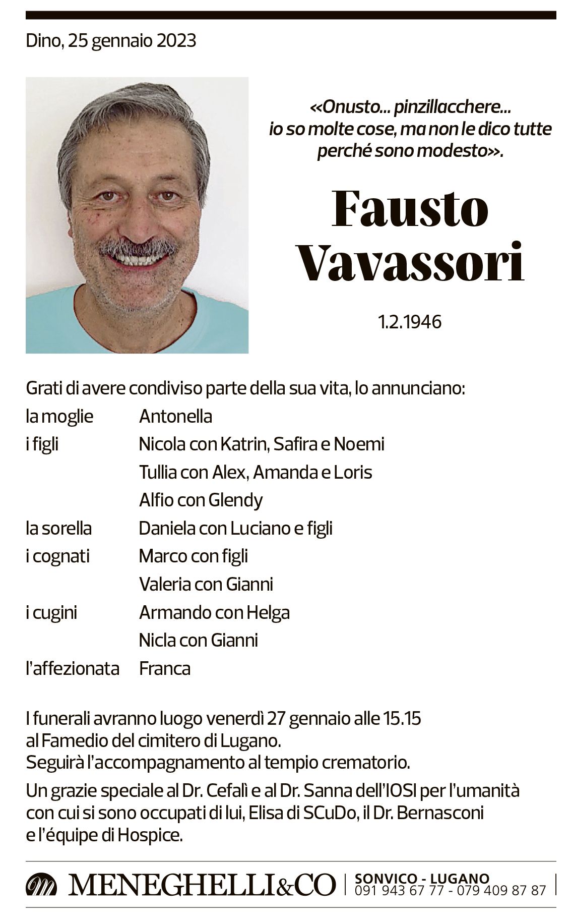 Annuncio funebre Fausto Vavassori