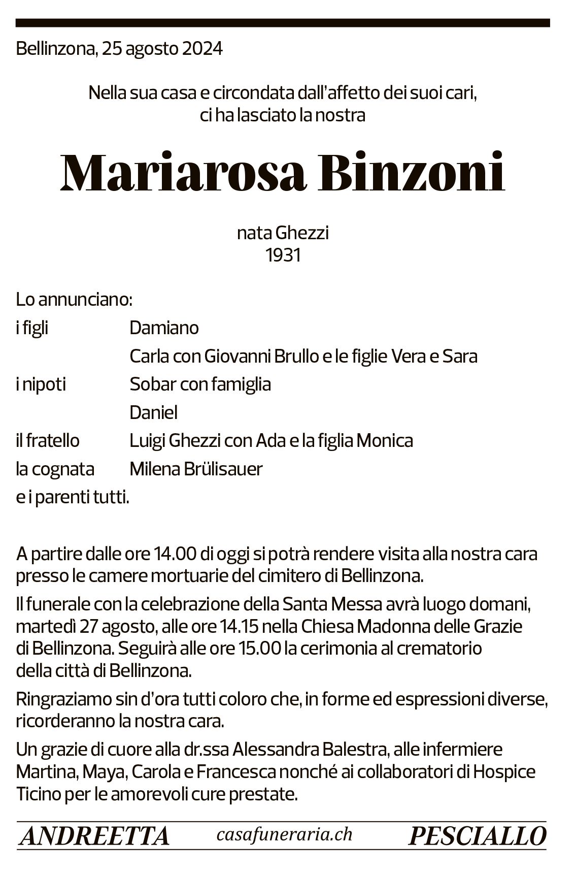 Annuncio funebre Mariarosa Binzoni