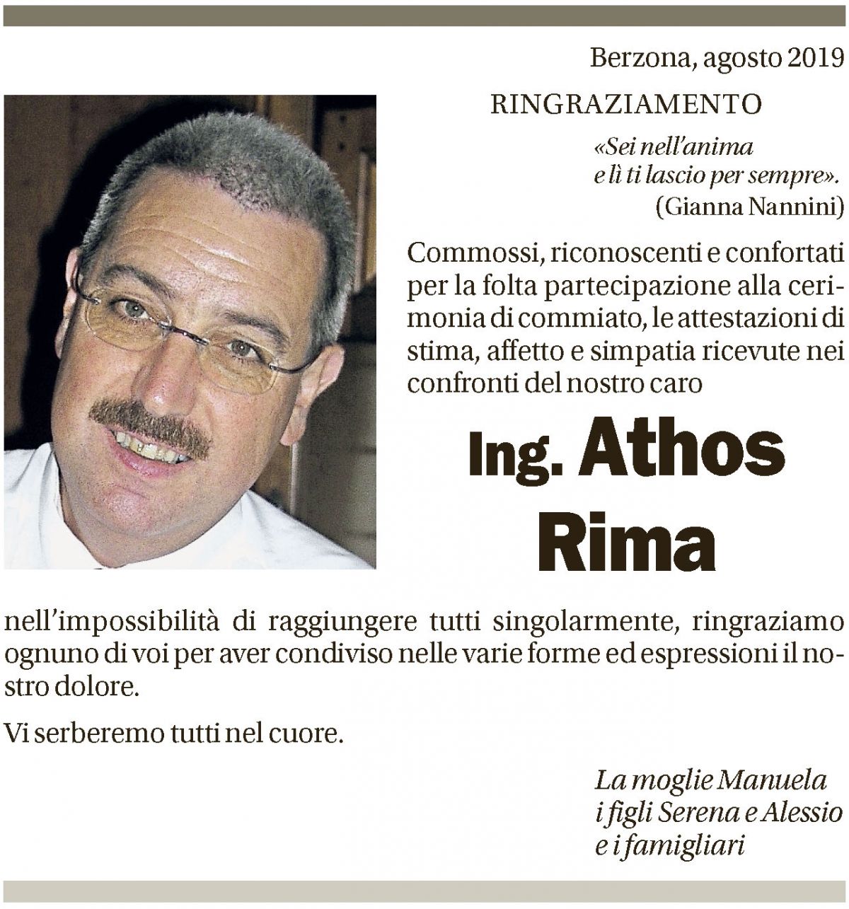Annuncio funebre Athos Rima
