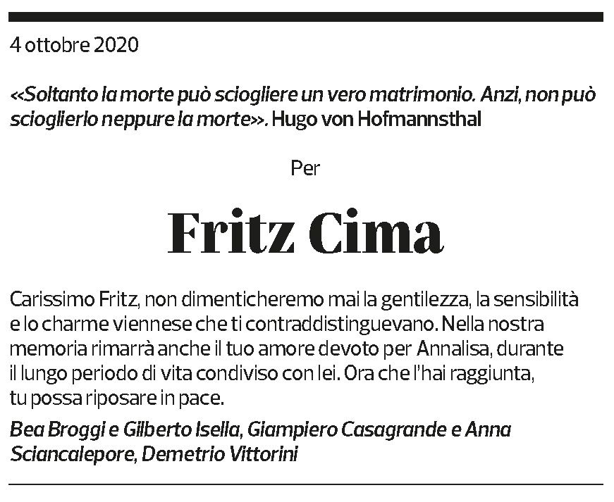 Annuncio funebre Fritz Cima