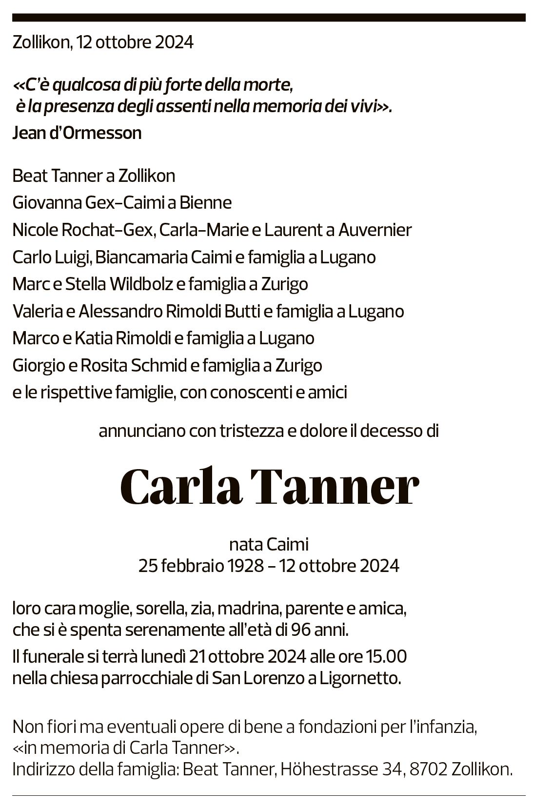 Annuncio funebre Carla Tanner