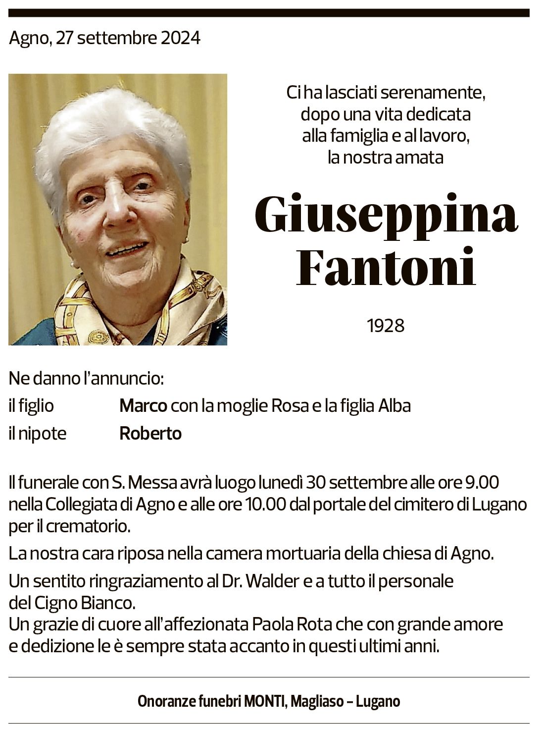 Annuncio funebre Giuseppina Fantoni