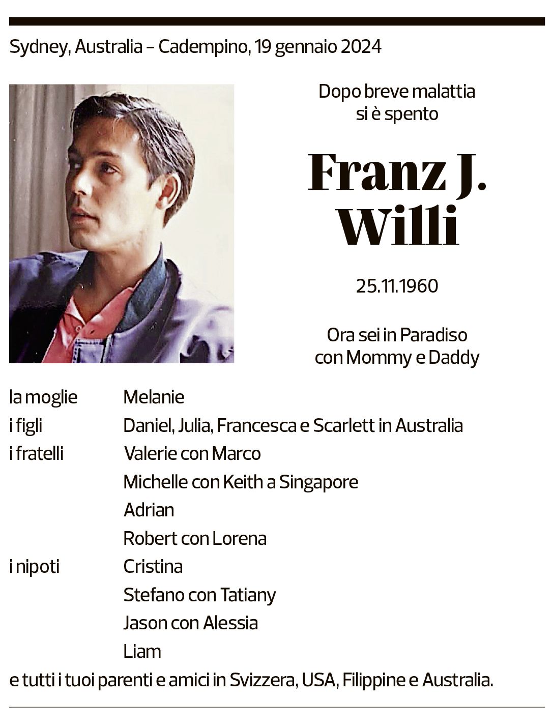 Annuncio funebre Franz J. Willi