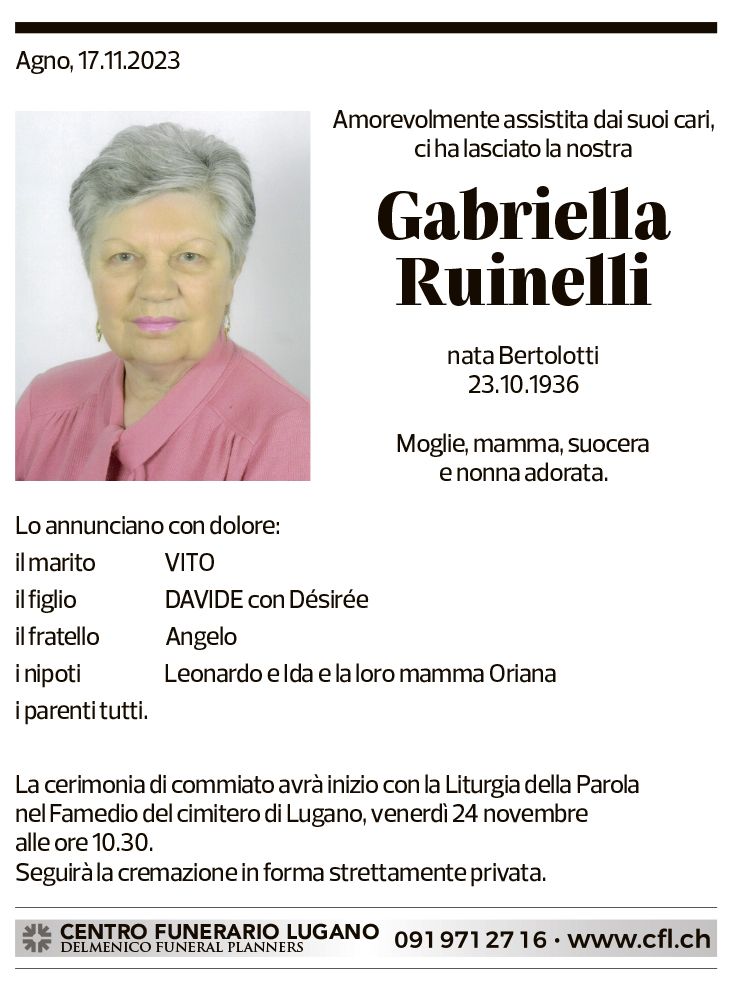 Annuncio funebre Gabriella Ruinelli