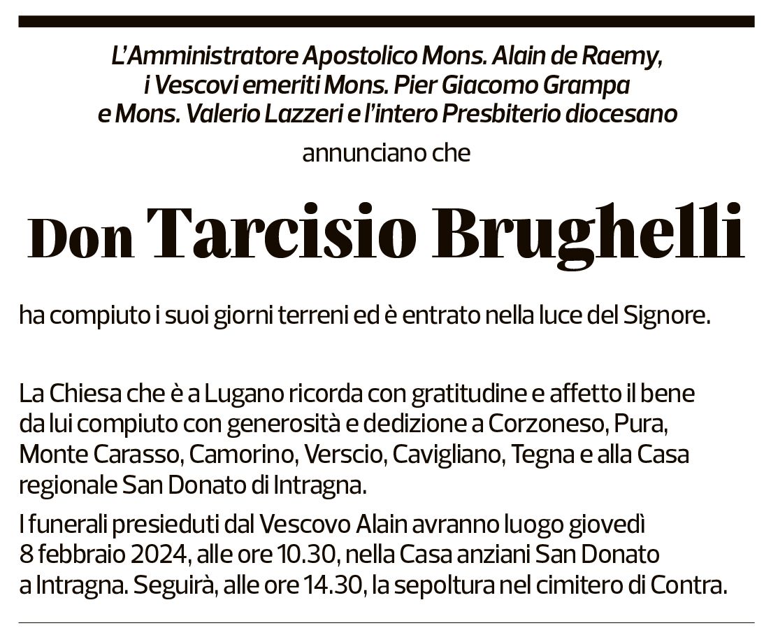 Annuncio funebre Tarcisio Brughelli