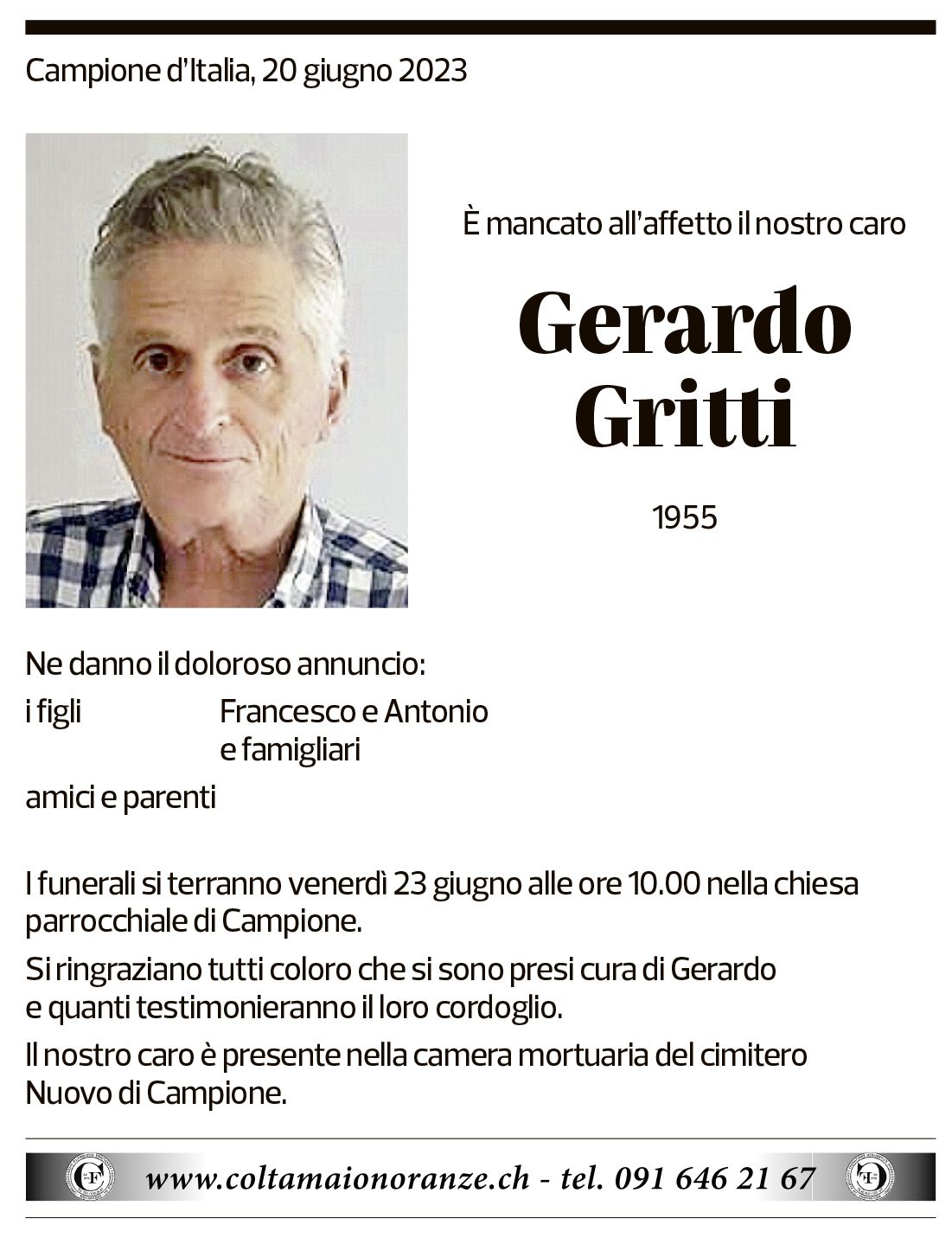 Annuncio funebre Gerardo Gritti