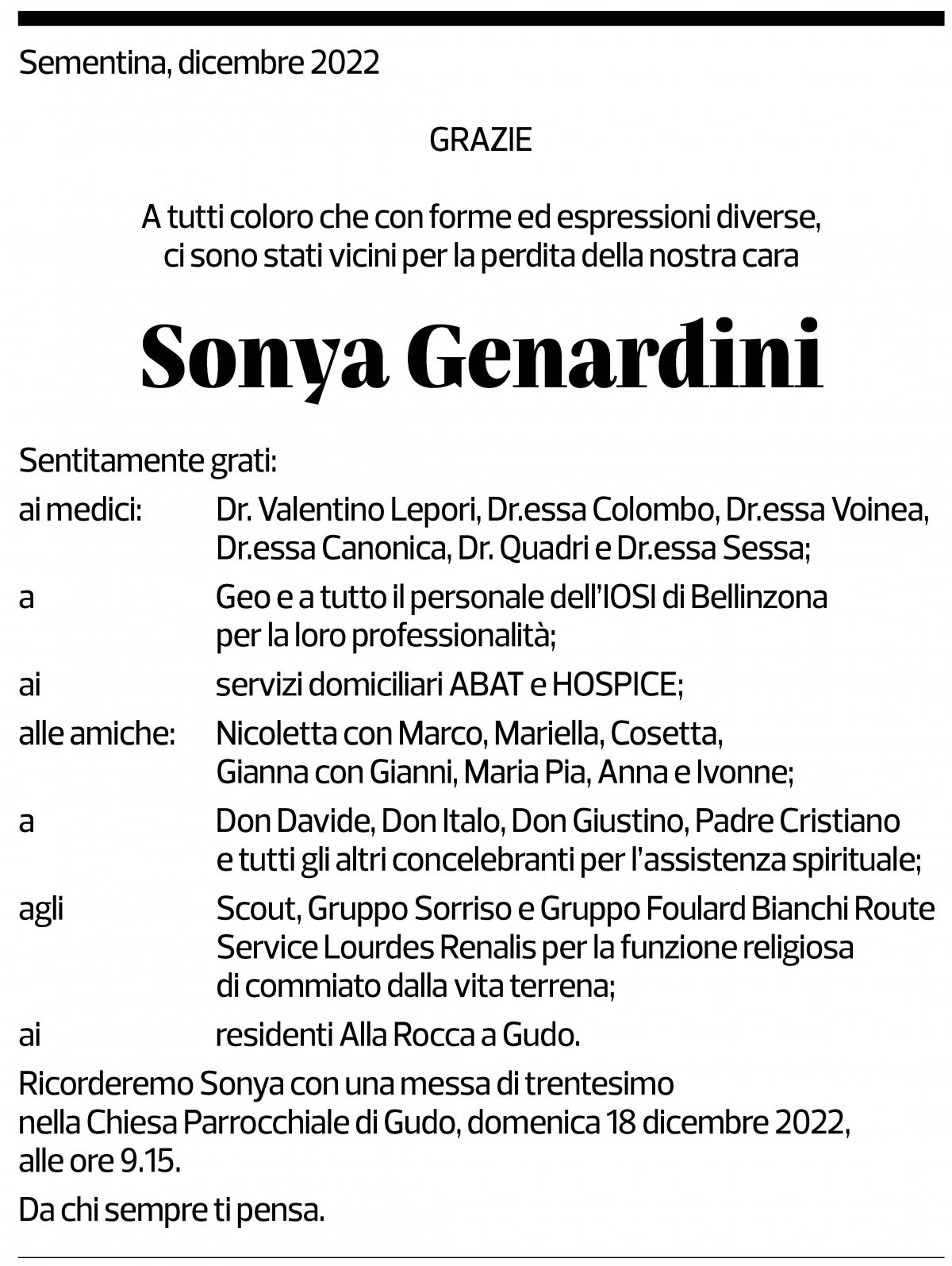 Annuncio funebre Sonya Genardini