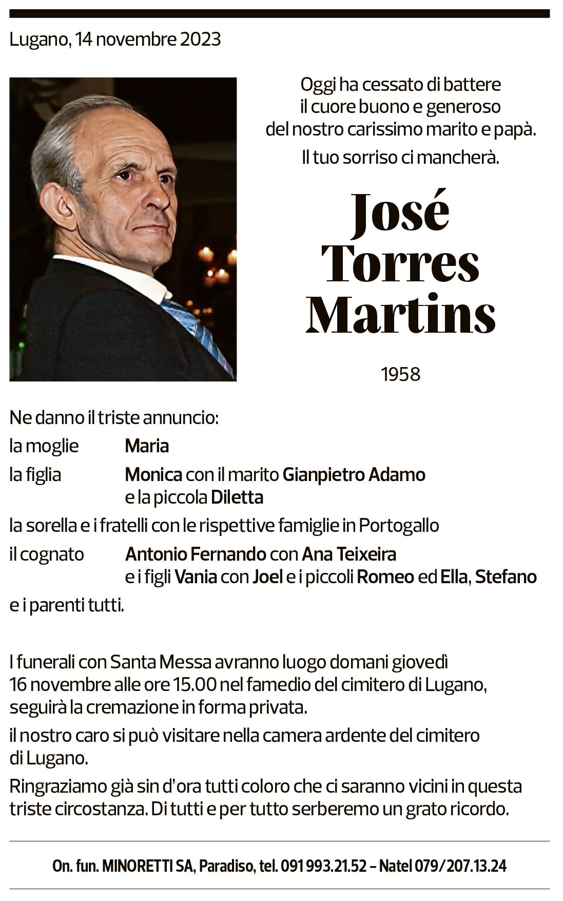 Annuncio funebre José Torres Martins