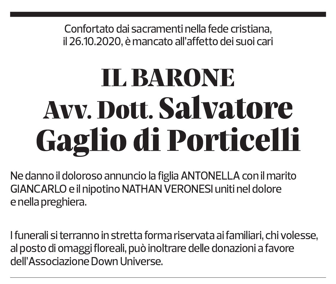 Annuncio funebre Salvatore Gaglio Di Porticelli