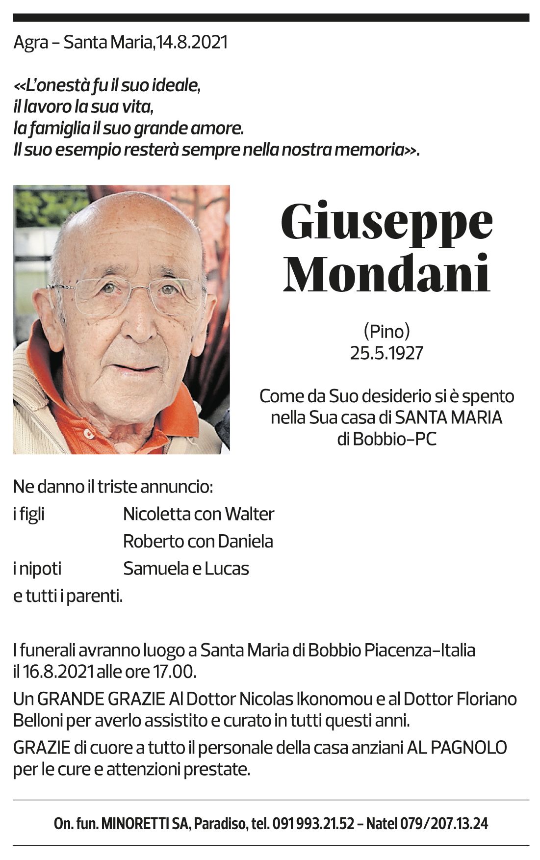 Annuncio funebre Giuseppe Morandi