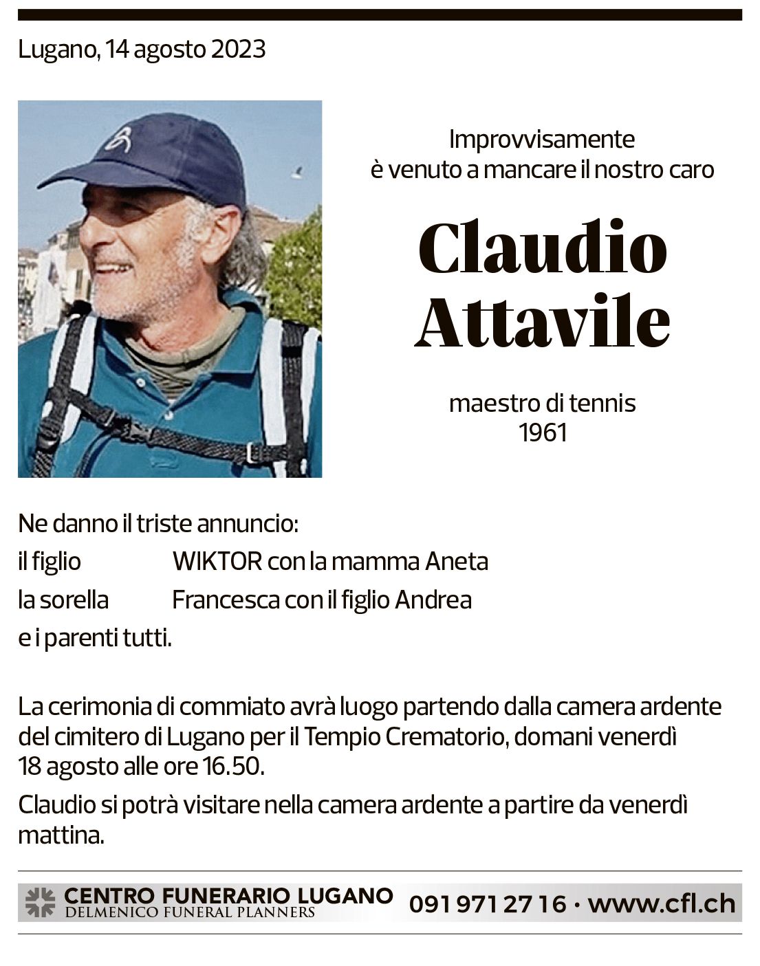 Annuncio funebre Claudio Attavile