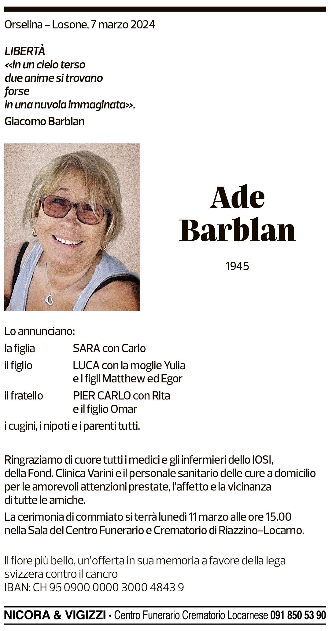 Annuncio funebre Ade Barblan