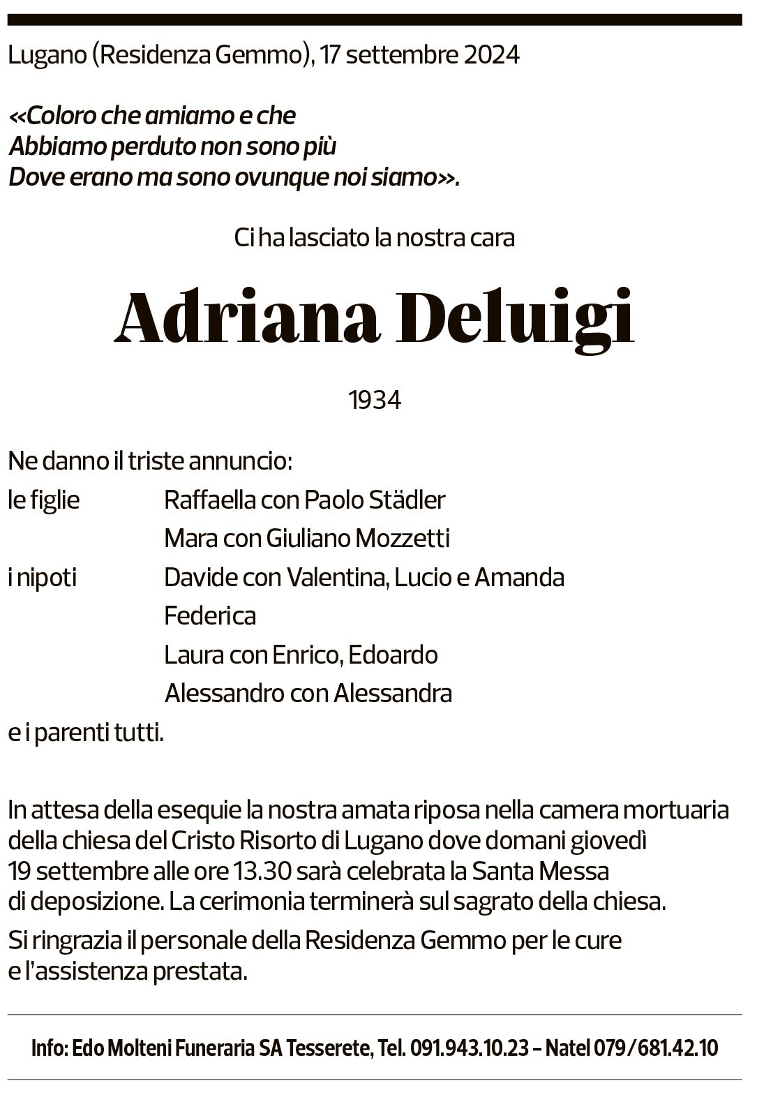 Annuncio funebre Adriana Deluigi