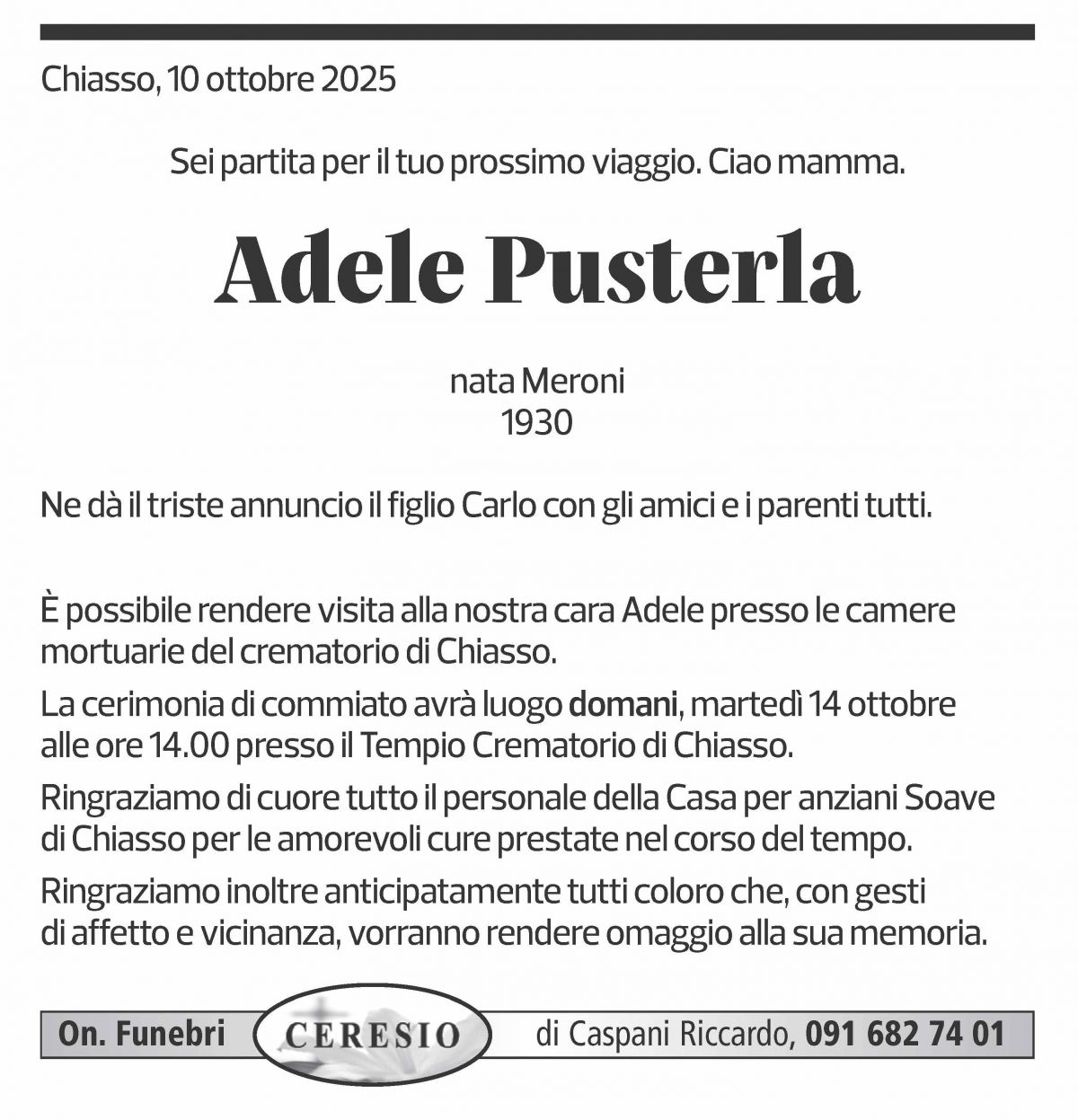 Annuncio funebre Adele Pustela