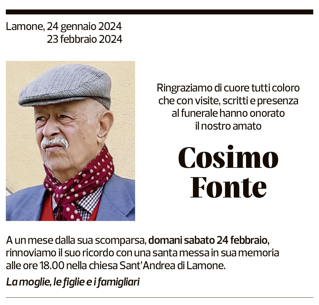 Annuncio funebre Cosimo Fonte