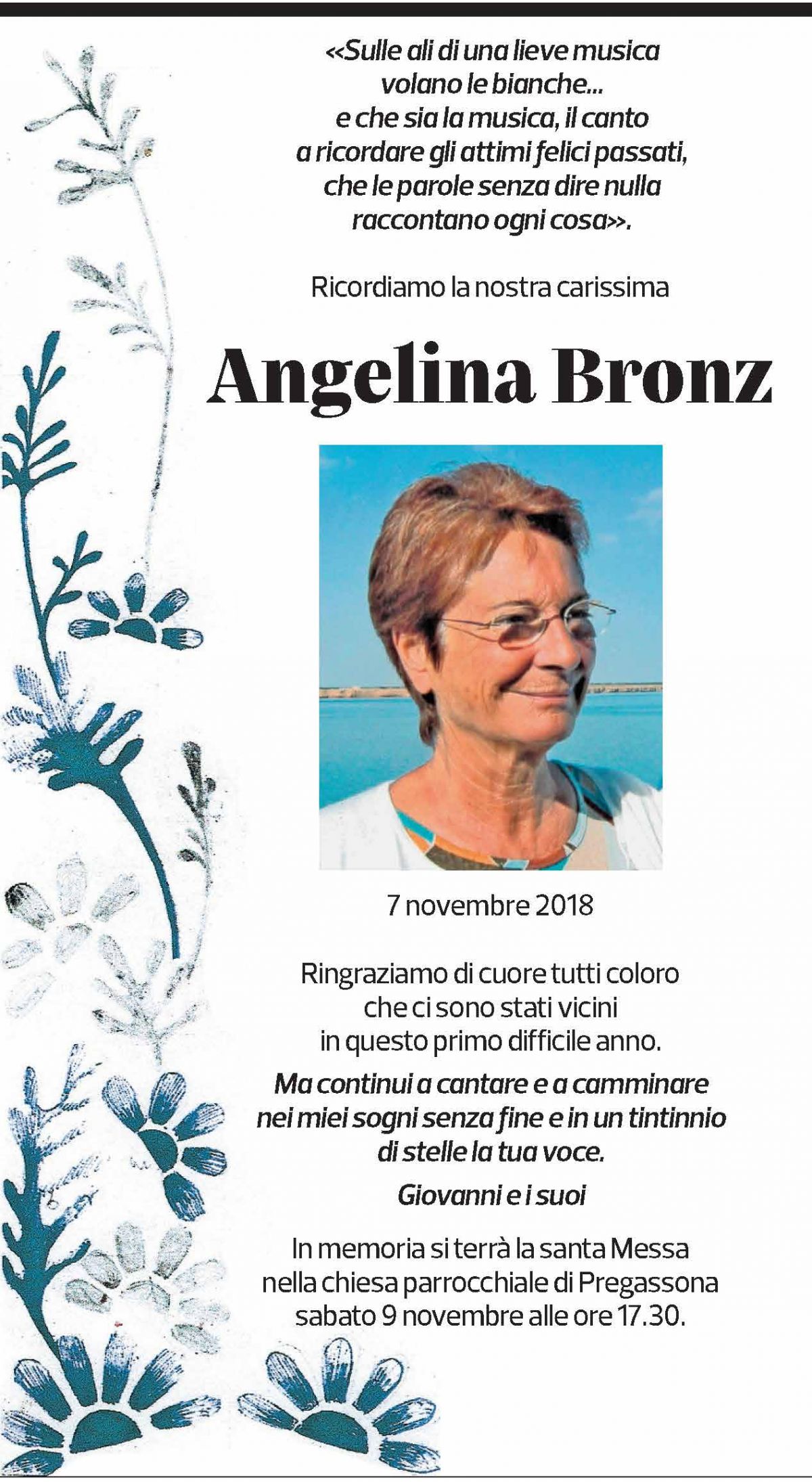 Annuncio funebre Angelina Bronz
