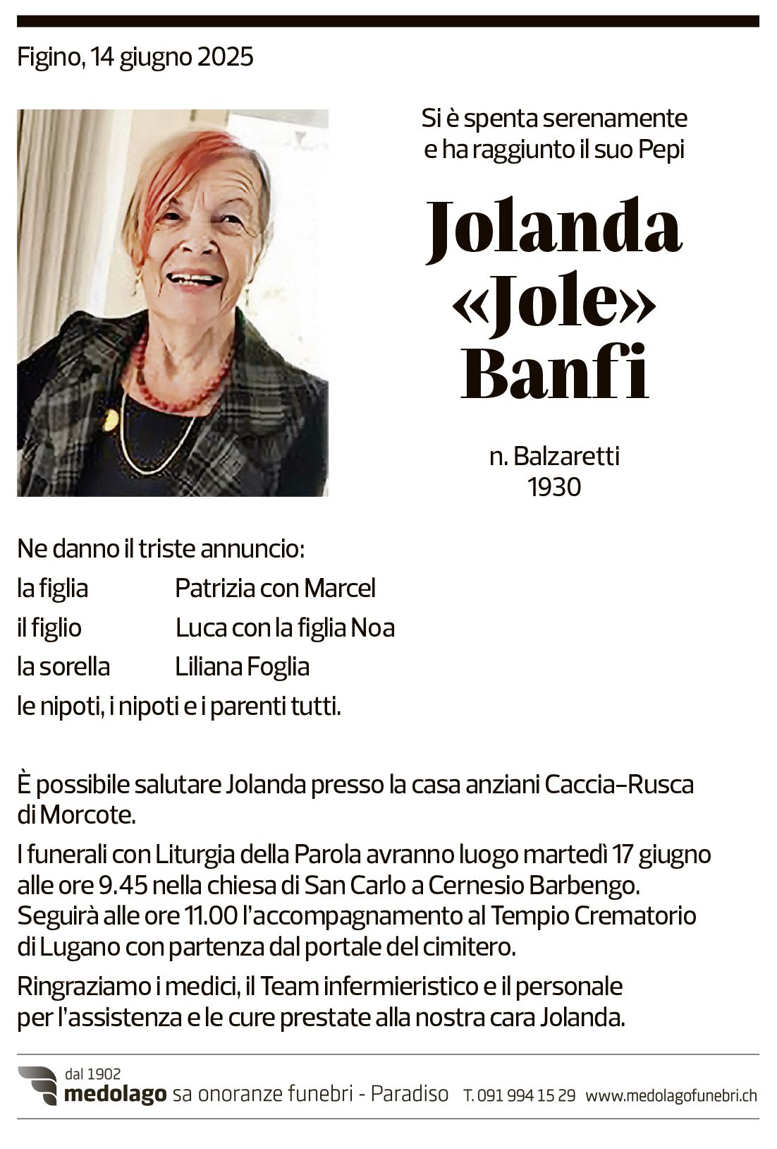Annuncio funebre Jolanda Jole Banfi