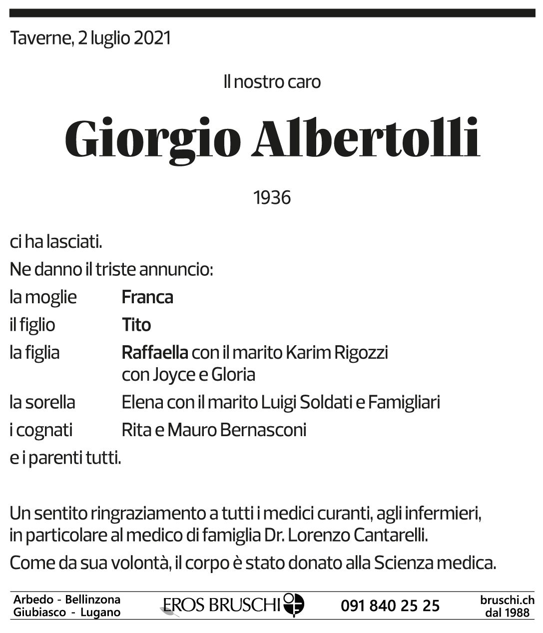 Annuncio funebre Giorgio Albertolli