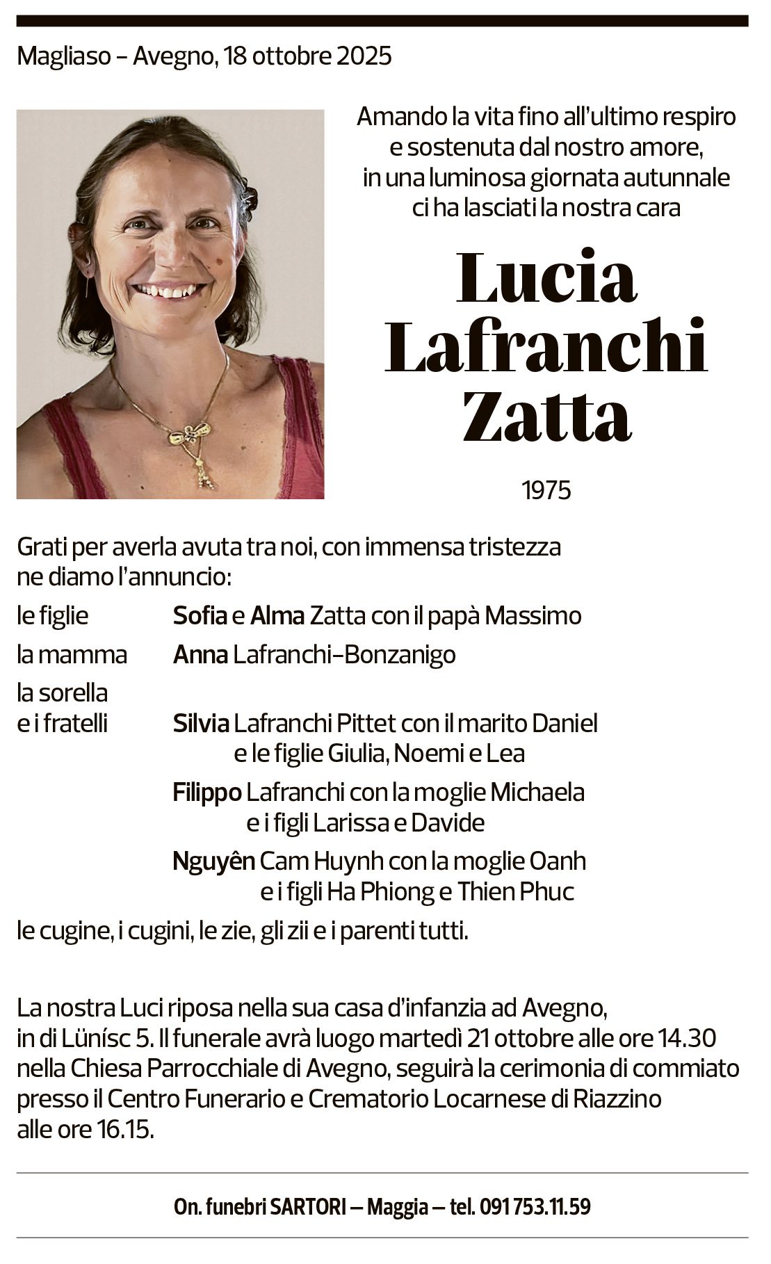 Annuncio funebre Lucia Lafranchi Zatta