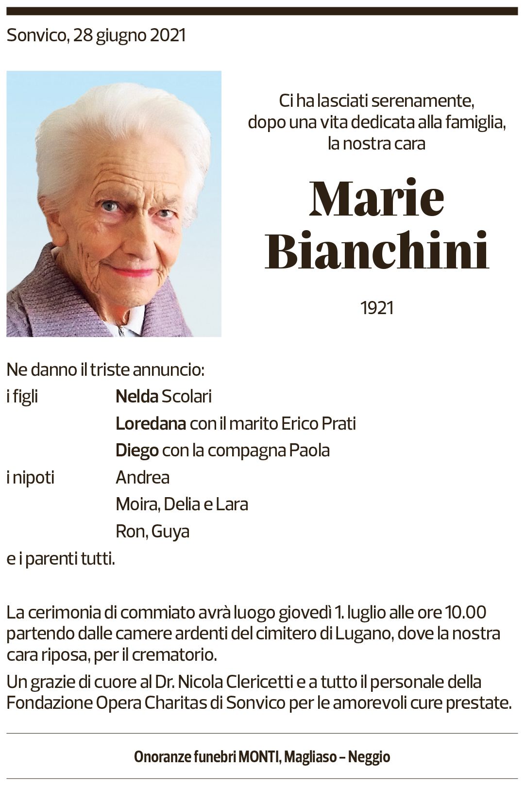 Annuncio funebre Marie Bianchini