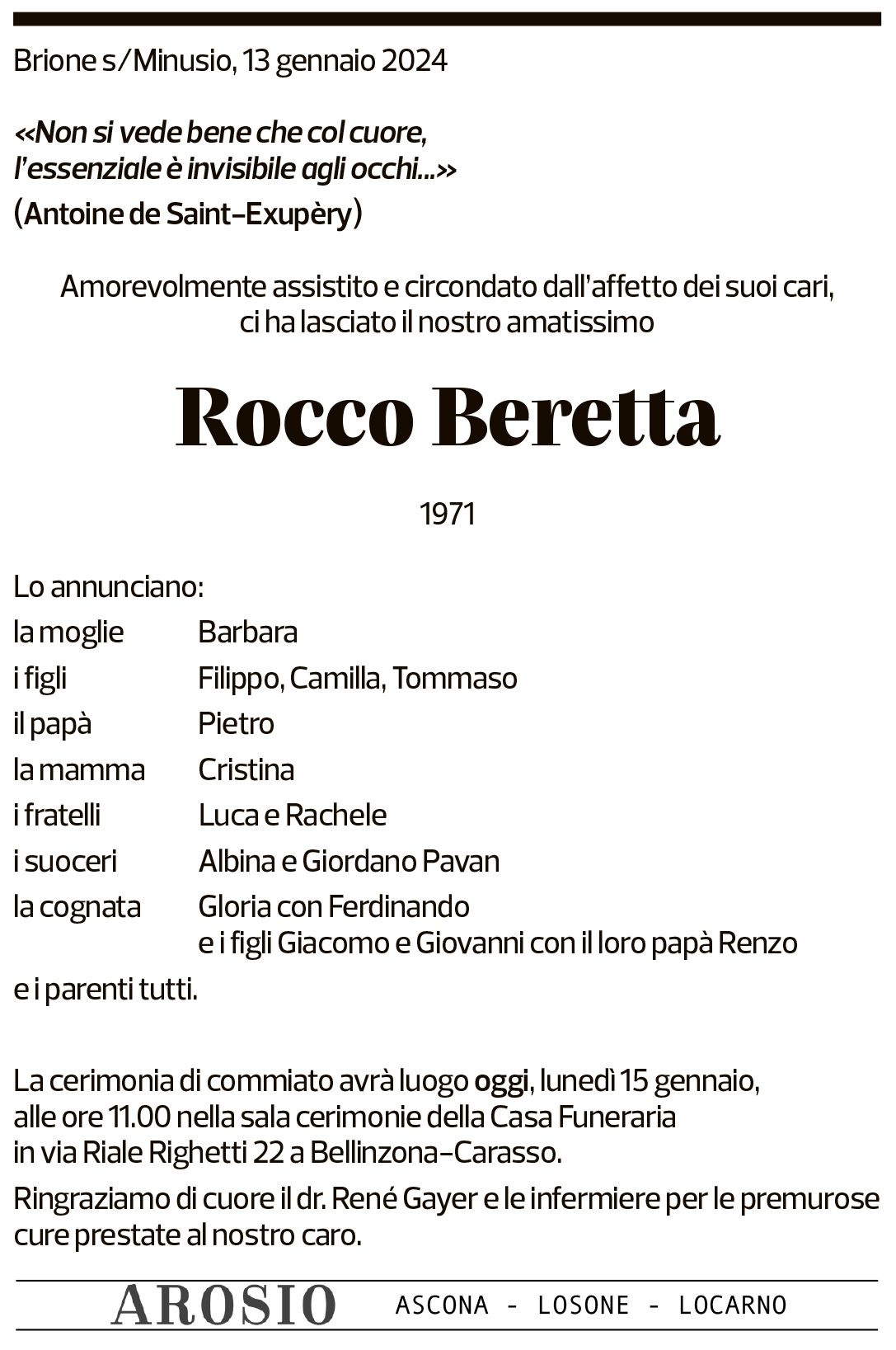 Annuncio funebre Rocco Beretta