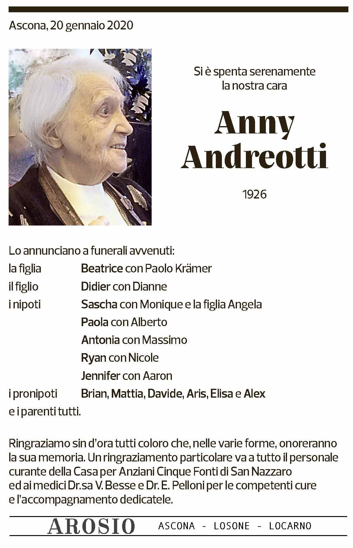Annuncio funebre Anny Andreotti
