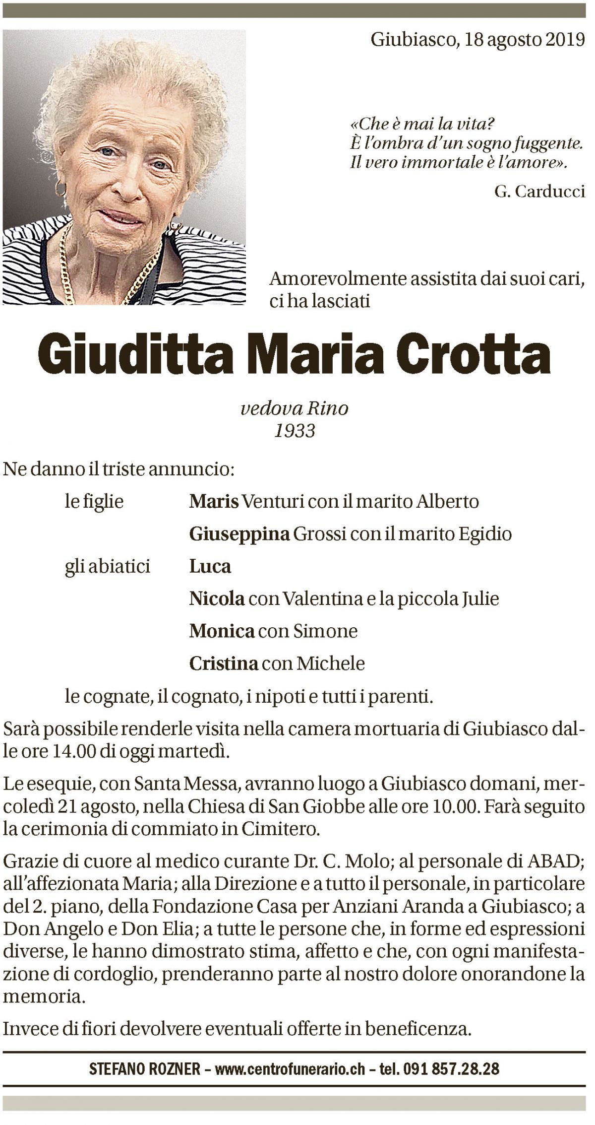 Annuncio funebre Giuditta Maria Crotta