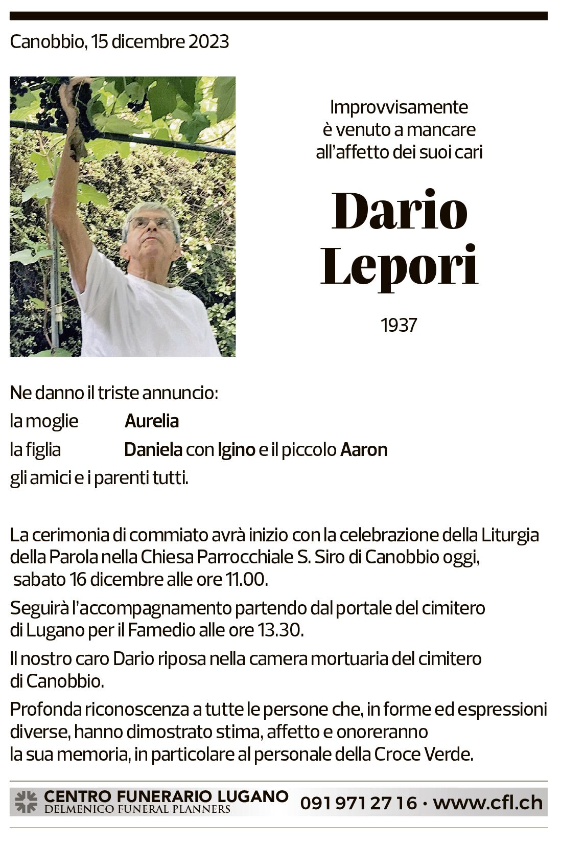 Annuncio funebre Dario Lepori