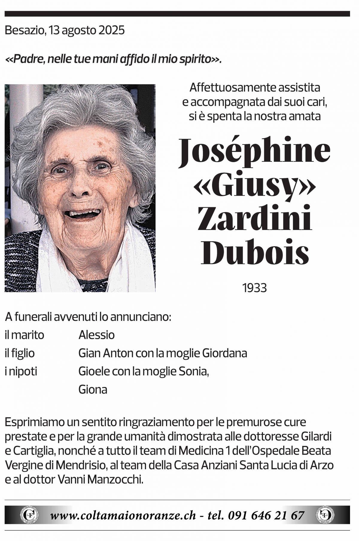 Annuncio funebre Joséphine Zardini Dubois