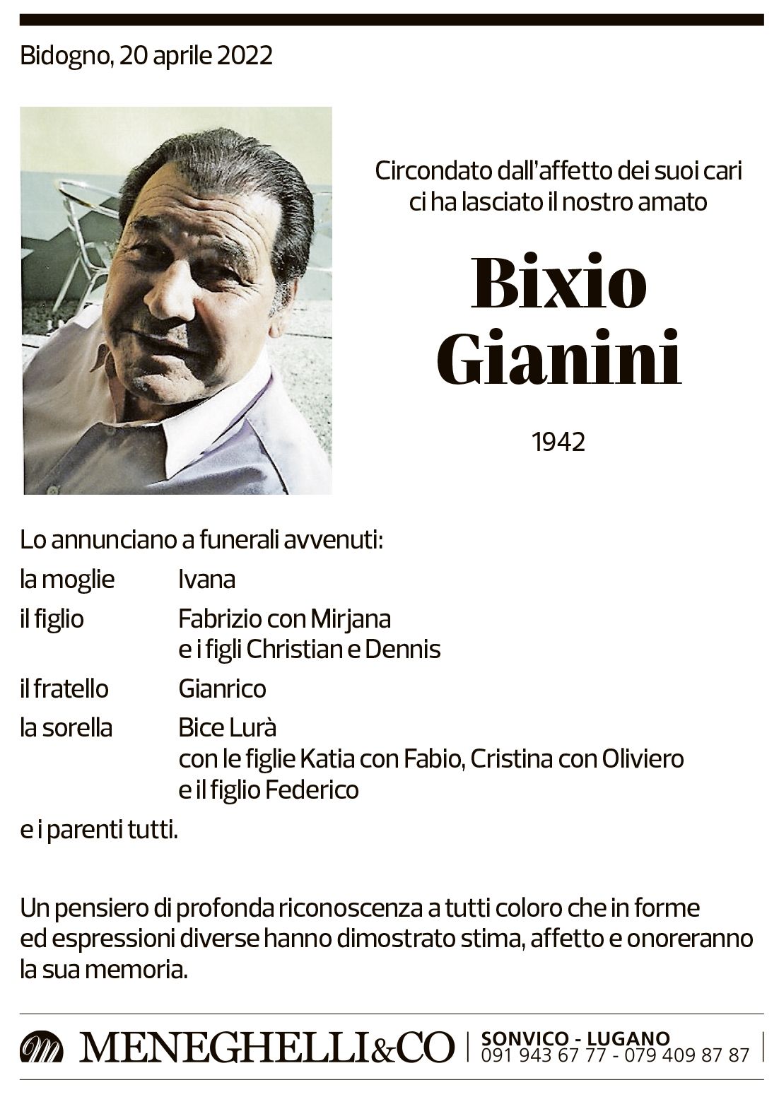 Annuncio funebre Bixio Gianini