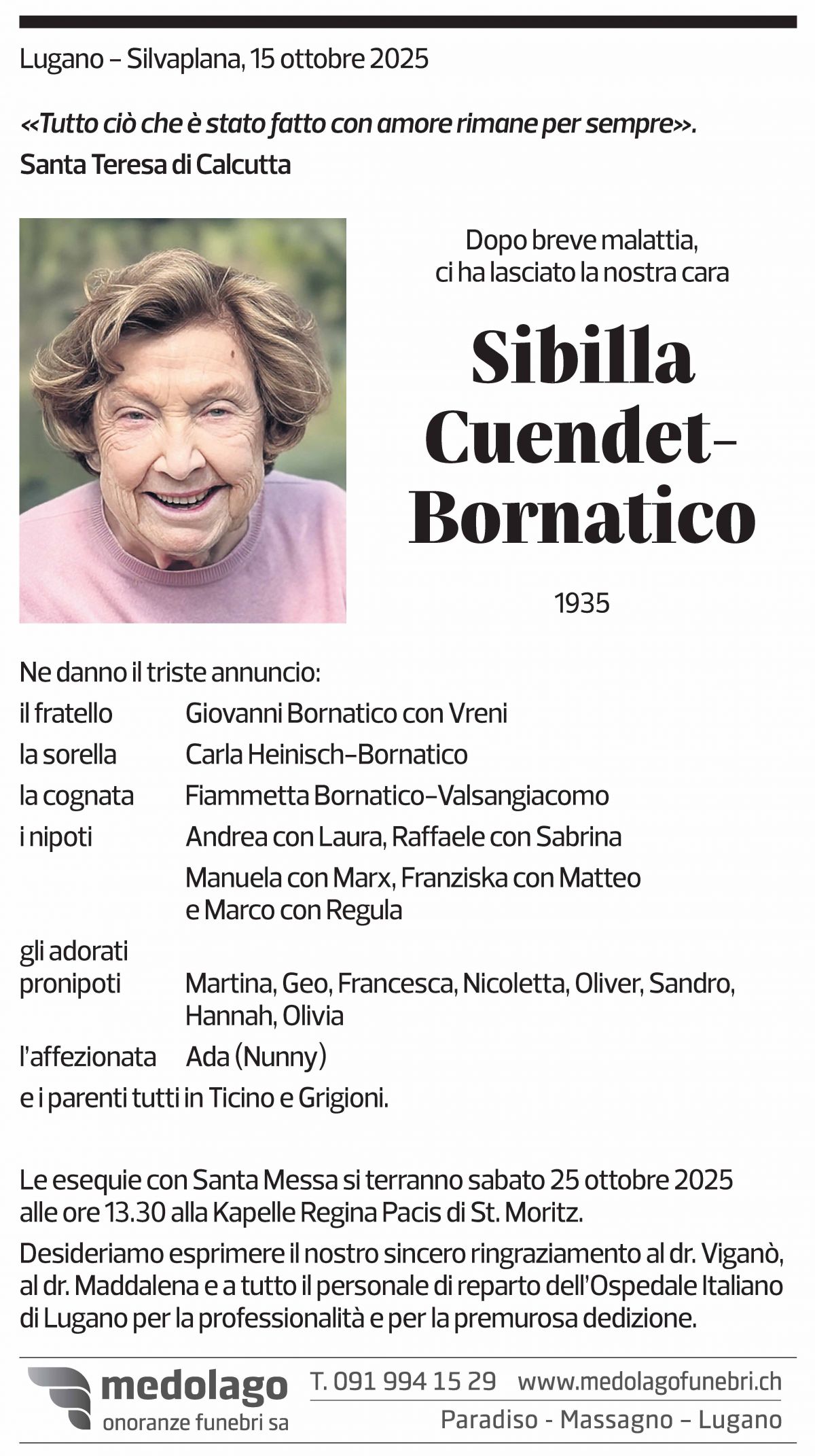 Annuncio funebre Sibilla Cuendet-bornatico