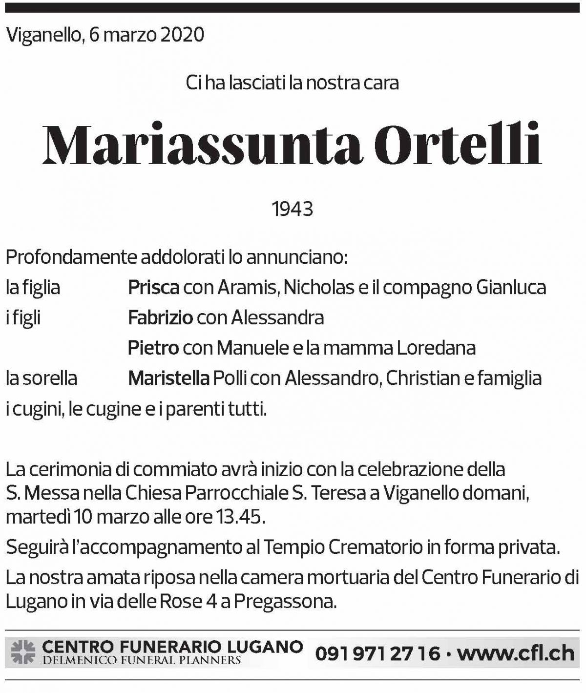 Annuncio funebre Mariassunta Ortelli