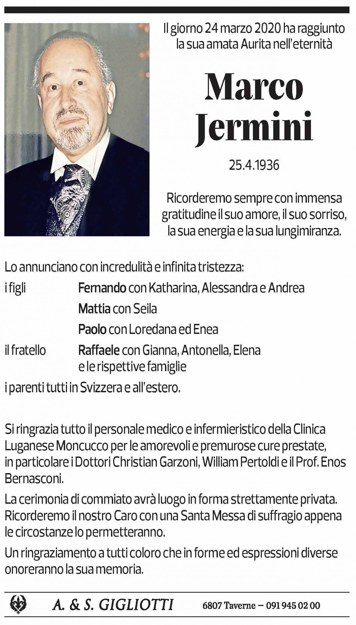 Annuncio funebre Marco Jermini