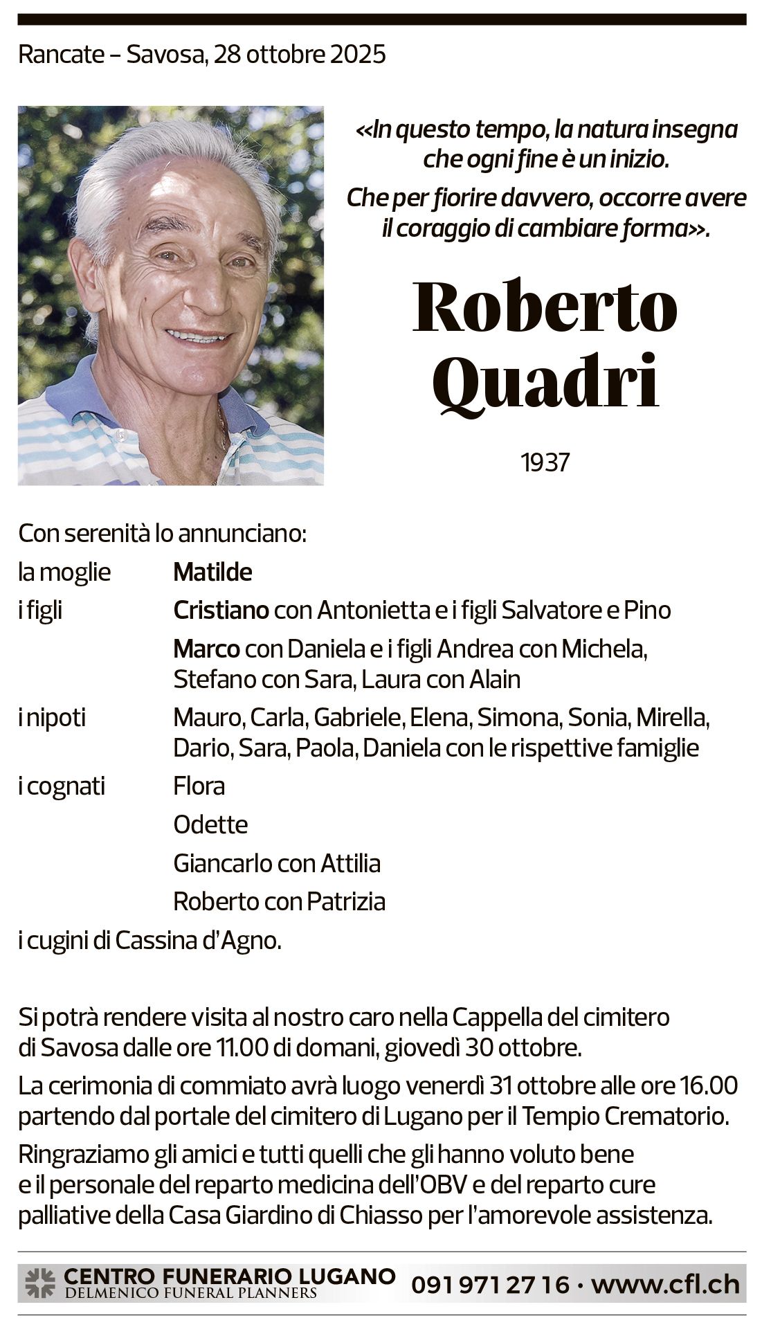Annuncio funebre Roberto Quadri