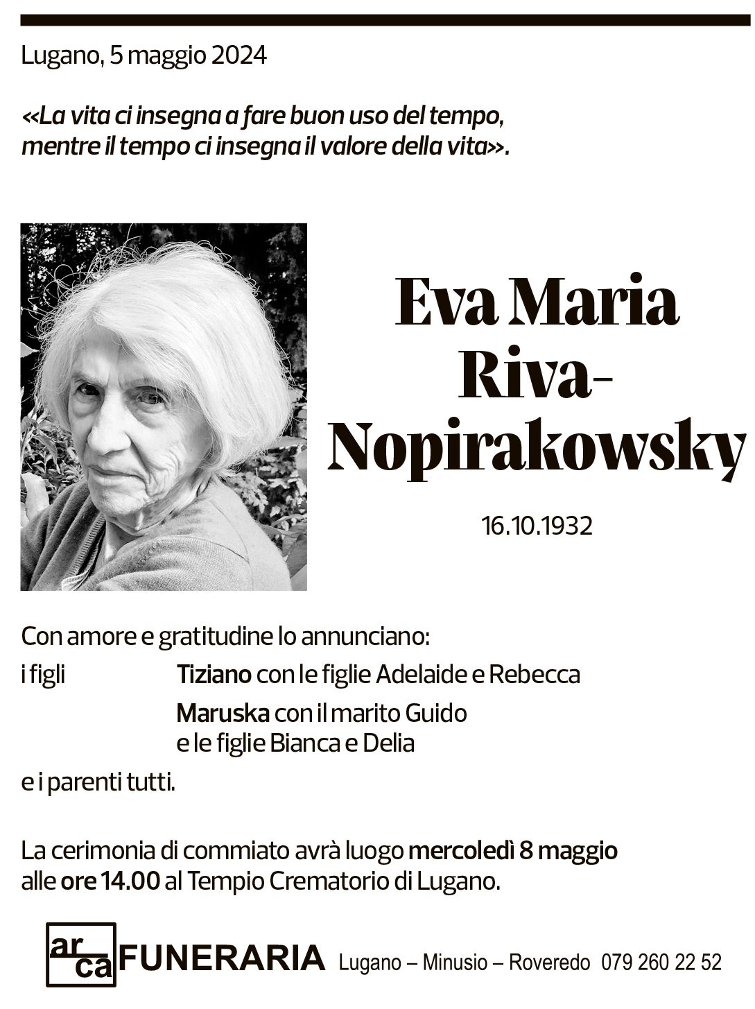 Annuncio funebre Eva Maria Riva-nopirakowsky