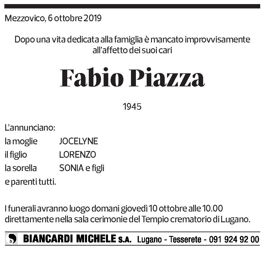 Annuncio funebre Fabio Piazza