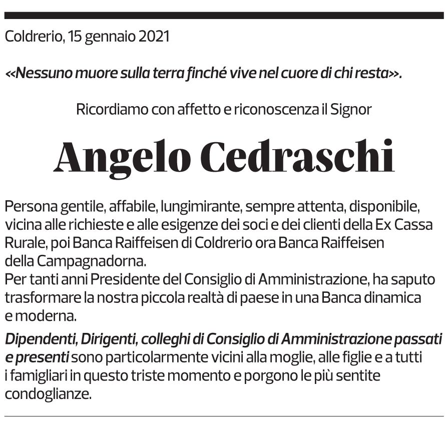 Annuncio funebre Angelo Cedraschi